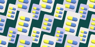 Seamless vector pattern of yellow and blue pills in blister packaging, pill blister pack isolated on dark background. Medicine creative concepts. illustration for pharmaceutical industry.
