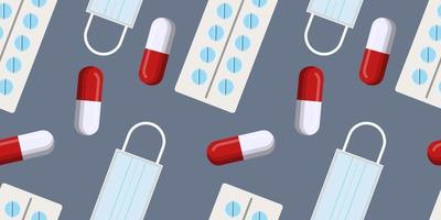 Seamless vector pattern of Red and white capsule pills, pill blister pack and medical face masks isolated on dark background. Medicine creative concepts. illustration for pharmaceutical industry.