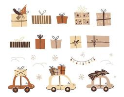 patrón de navidad con coches con regalos y abetos en el bosque vector