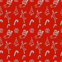 iconos de navidad de patrones sin fisuras con árbol de navidad, caramelos, regalos, ciervos, calcetín de navidad vector