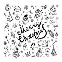 Big cute set of Christmas design elements in doodle style vector