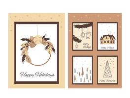 Boho christmas set of cards in cute doodle style vector