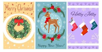 Feliz Navidad conjunto de tarjetas de felicitación con linda corona de Navidad, ciervos y calcetines. contiene elementos decorativos hechos a mano. estilo vintage de moda. vector