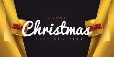 Merry Christmas and Happy New Year Banner or Poster with Gift Box and Wrapping Paper in Black and Gold vector