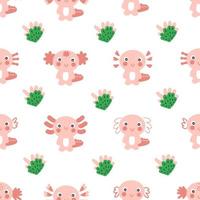 Cartoon style seamless pattern with axolotls and cactuses. vector