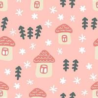 Hand drawn winter seamless pattern with houses, Christmas trees and snowflakes. vector