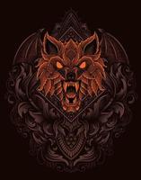 illustration wolf head with vintage ornament style vector