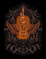 illustration vintage guitar with engraving ornament vector