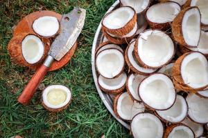 Slice coconut and knife on cutting board photo