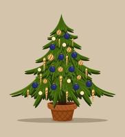 Ilustración de diseño de postal de año nuevo. árbol de navidad con decoración - cono y bolas. objeto vectorial aislado. vector