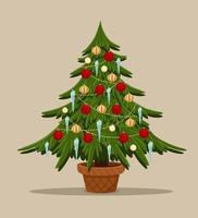 abeto estilizado de dibujos animados con juguetes. árbol de navidad decorado bolas de pila, icecle y guirnalda. abeto en maceta. Feliz navidad y próspero año nuevo