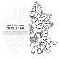 Feliz año nuevo banner o plantilla de tarjeta con flor mehndi vector