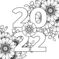 feliz año nuevo 2022 banner o plantilla de tarjeta con flor mehndi vector