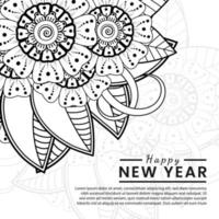 Feliz año nuevo banner o plantilla de tarjeta con flor mehndi vector