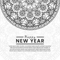 Feliz año nuevo banner o plantilla de tarjeta con flor mehndi vector