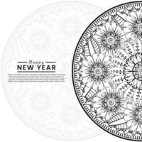 Feliz año nuevo banner o plantilla de tarjeta con flor mehndi vector