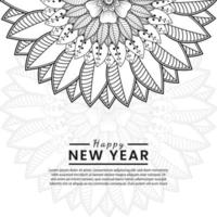 Feliz año nuevo banner o plantilla de tarjeta con flor mehndi vector