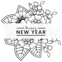 Feliz año nuevo banner o plantilla de tarjeta con flor mehndi vector