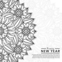 Feliz año nuevo banner o plantilla de tarjeta con flor mehndi vector