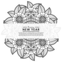 Feliz año nuevo banner o plantilla de tarjeta con flor mehndi vector