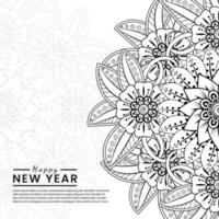 Feliz año nuevo banner o plantilla de tarjeta con flor mehndi vector