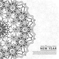 Feliz año nuevo banner o plantilla de tarjeta con flor mehndi vector