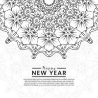 Feliz año nuevo banner o plantilla de tarjeta con flor mehndi vector