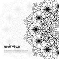 Feliz año nuevo banner o plantilla de tarjeta con flor mehndi vector