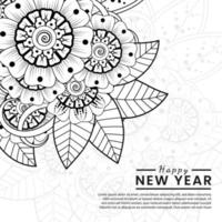 Feliz año nuevo banner o plantilla de tarjeta con flor mehndi vector