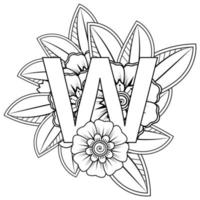 letra w con flor mehndi. adorno decorativo en estilo étnico oriental. página de libro para colorear. vector