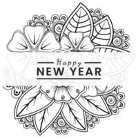 Feliz año nuevo banner o plantilla de tarjeta con flor mehndi vector