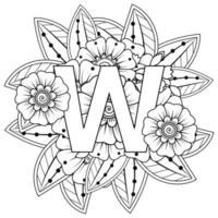 Letter W with Mehndi flower. decorative ornament in ethnic oriental style. coloring book page. vector