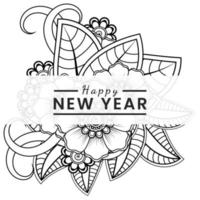 Feliz año nuevo banner o plantilla de tarjeta con flor mehndi vector