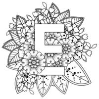 Letter E with Mehndi flower. decorative ornament in ethnic oriental style. coloring book page. vector