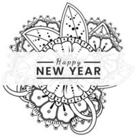 Feliz año nuevo banner o plantilla de tarjeta con flor mehndi vector