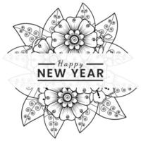 Feliz año nuevo banner o plantilla de tarjeta con flor mehndi vector