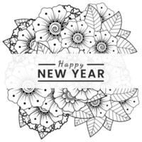 Feliz año nuevo banner o plantilla de tarjeta con flor mehndi vector