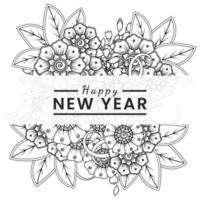 Feliz año nuevo banner o plantilla de tarjeta con flor mehndi vector