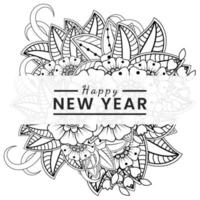 Feliz año nuevo banner o plantilla de tarjeta con flor mehndi vector