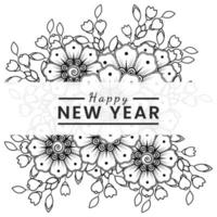 Feliz año nuevo banner o plantilla de tarjeta con flor mehndi vector