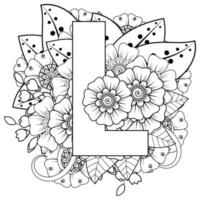 Letter L with Mehndi flower. decorative ornament in ethnic oriental style. coloring book page. vector