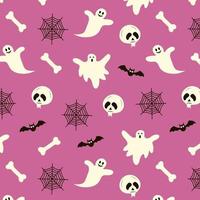 Seamless Halloween Pattern with ghosts, skull, bat, web and bone. vector