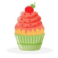 Cupcake dessert with strawberry. Vector illustration in flat style.