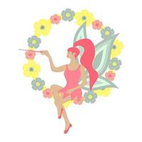 hada sentada en el círculo de flores con varita mágica. vector