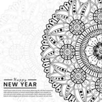 Feliz año nuevo banner o plantilla de tarjeta con flor mehndi vector