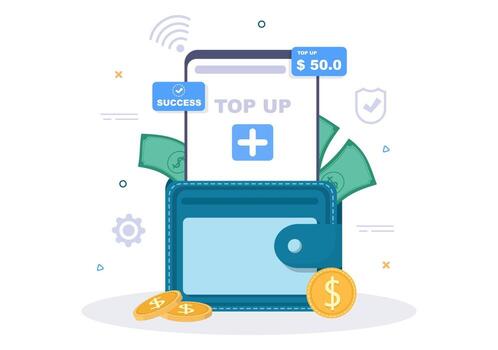 Top Up Add Your Money Balance Vector Illustration on Mobile Phone Device For Financial Application, E-Wallet or Digital Currency Concept