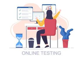 Ilustración de vector de fondo de prueba en línea con lista de verificación, examen, elección de respuesta, formulario, e-learning y concepto de educación