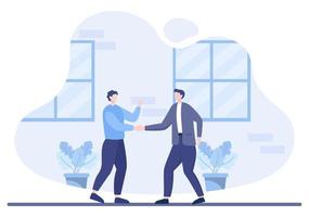 Two Businessmen Reach a Deal or Agreement Shaking Hands on Cooperation Contract as Successful Partners. Background Vector Illustration