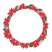 Christmas holly berry cute wreath with poinsettia Christmas star winter flower in simple flat drawn style. Traditional festive laurel, empty round frame with copy space, holiday design template vector