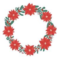 Christmas winter holly berry, poinsettia, mistletoe cute wreath in simple flat drawn style. Traditional festive laurel, empty round frame with copy space, holiday design template